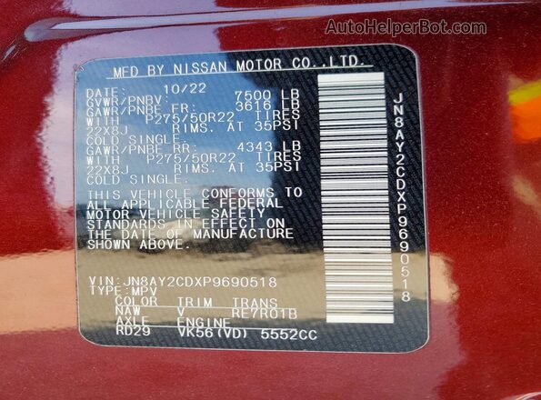 JN8AY2CDXP9690518 2023 NISSAN ARMADA Burgundy VIN կոդի պիտակի տեսք