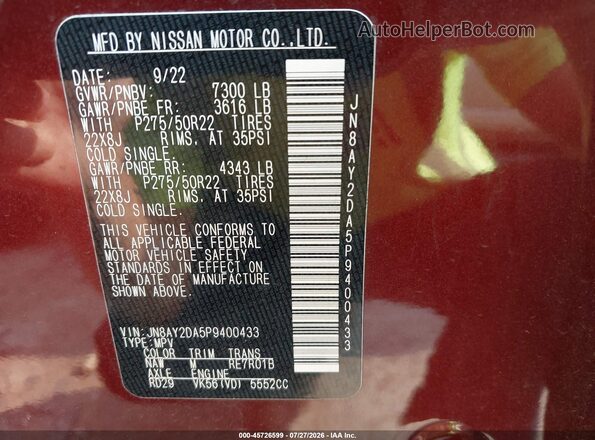 JN8AY2DA5P9400433 2023 NISSAN ARMADA Burgundy Engine compartment view