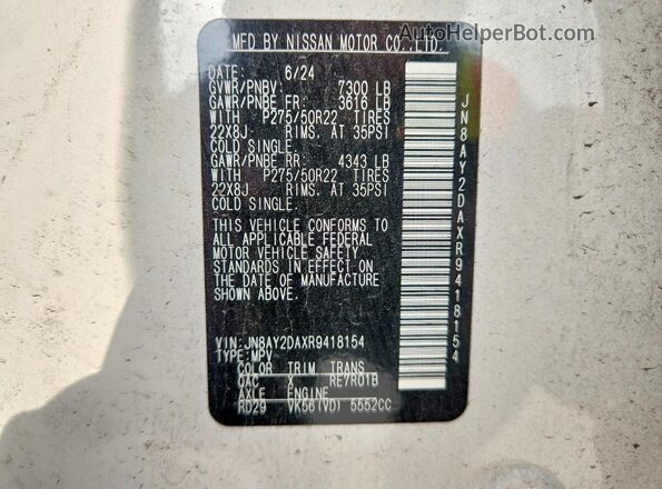 JN8AY2DAXR9418154 2024 NISSAN ARMADA White Вид підкапотного простору