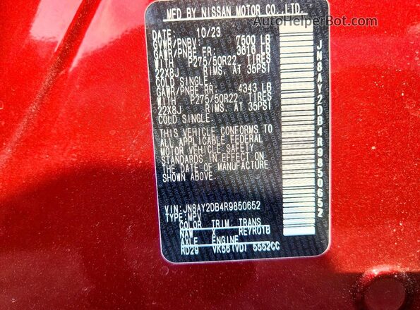JN8AY2DB4R9850652 2024 NISSAN ARMADA Burgundy VIN կոդի պիտակի տեսք