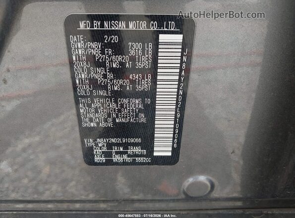 JN8AY2ND2L9109066 2020 NISSAN ARMADA Gray Вид підкапотного простору