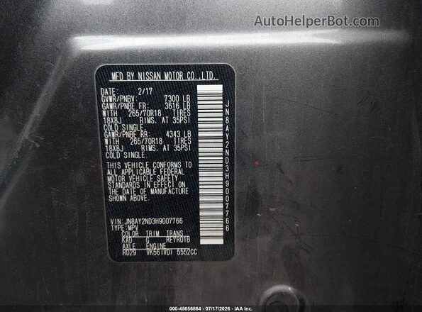 JN8AY2ND3H9007766 2017 NISSAN ARMADA Gray Вид підкапотного простору
