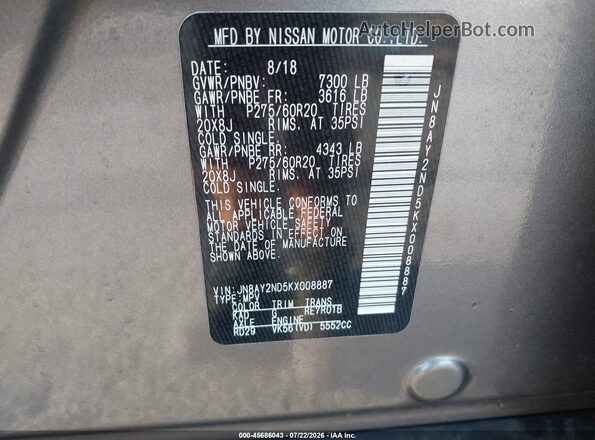 JN8AY2ND5KX008887 2019 NISSAN ARMADA Серый Вид подкапотного пространства