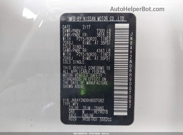 JN8AY2ND6H9007082 2017 NISSAN ARMADA White Widok komory silnika