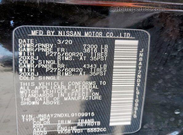 JN8AY2NDXL9109915 2020 NISSAN ARMADA Black Vista interior de 360 grados