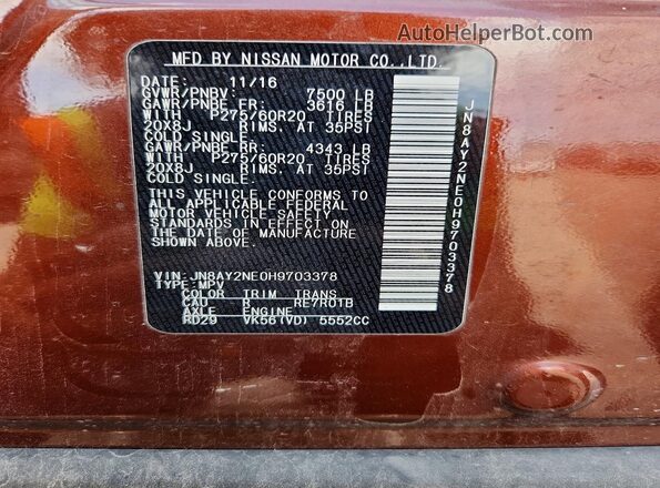 JN8AY2NE0H9703378 2017 NISSAN ARMADA Brown ძრავის განყოფილების ხედი