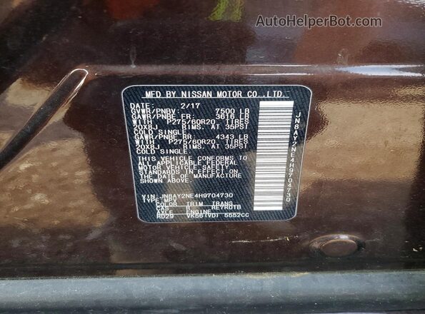 JN8AY2NE4H9704730 2017 NISSAN ARMADA Brown VIN კოდის სტიკერის ხედი