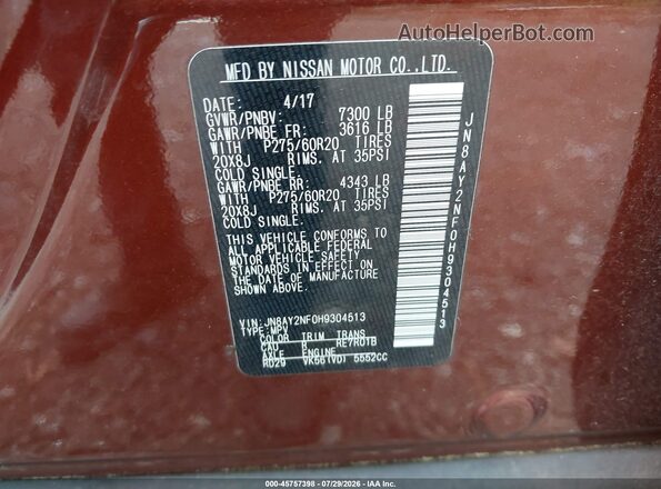 JN8AY2NF0H9304513 2017 NISSAN ARMADA Brown ძრავის განყოფილების ხედი