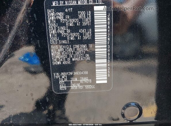 JN8AY2NF3H9304358 2017 NISSAN ARMADA Black Widok komory silnika