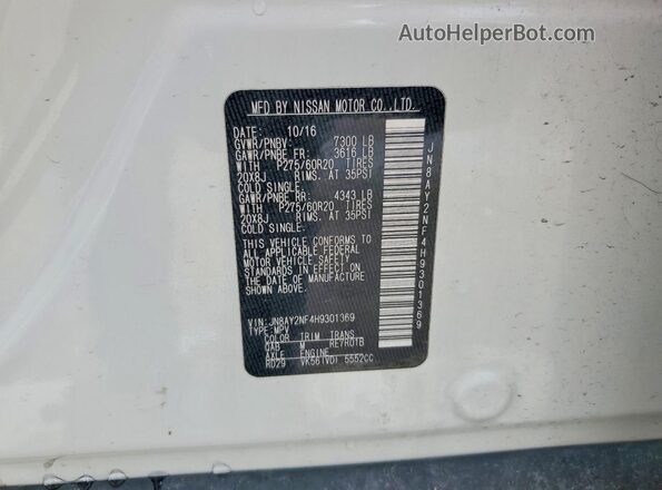 JN8AY2NF4H9301369 2017 NISSAN ARMADA White Вид наклейки з VIN-кодом