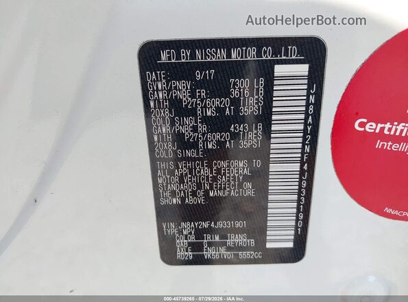 JN8AY2NF4J9331901 2018 NISSAN ARMADA White ძრავის განყოფილების ხედი