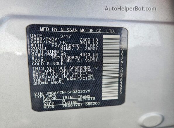 JN8AY2NF5H9303325 2017 NISSAN ARMADA Silver 360 interior view