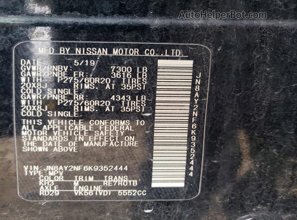 JN8AY2NF6K9352444 2019 NISSAN ARMADA Black Вид наклейки з VIN-кодом