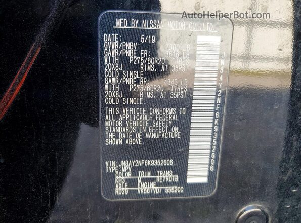 JN8AY2NF6K9352606 2019 NISSAN ARMADA Черный Вид наклейки с VIN-кодом