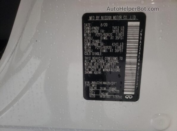 JN8AZ2AE4M9268247 2021 INFINITI QX80 White Vista de la etiqueta del VIN