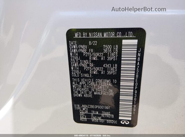 JN8AZ2BE0P9301991 2023 INFINITI QX80 White ძრავის განყოფილების ხედი