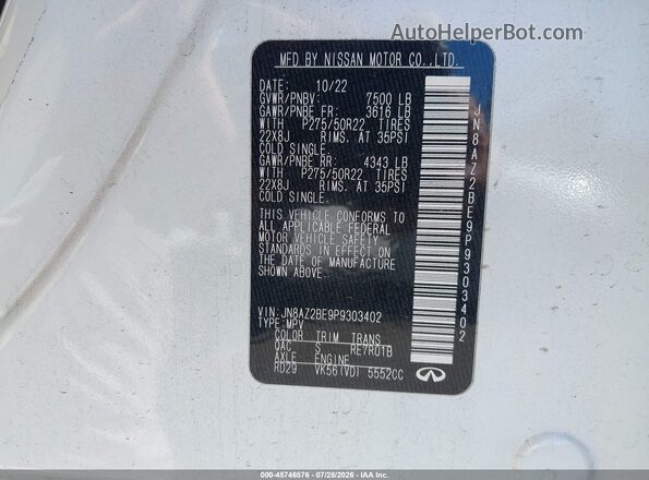 JN8AZ2BE9P9303402 2023 INFINITI QX80 White ძრავის განყოფილების ხედი