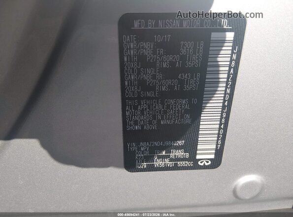 JN8AZ2ND4J9840267 2018 INFINITI QX80 Silver Widok komory silnika