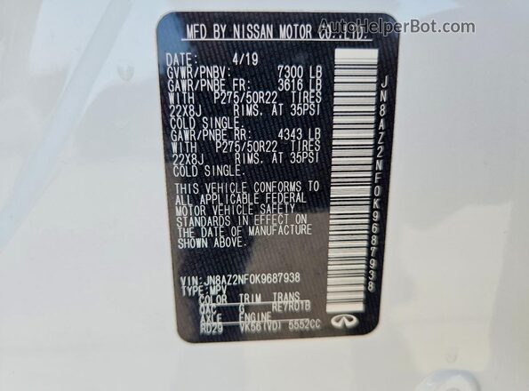 JN8AZ2NF0K9687938 2019 INFINITI QX80 Белый Вид наклейки с VIN-кодом