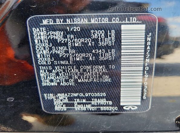 JN8AZ2NF0L9703525 2020 INFINITI QX80 Black Vista de la etiqueta del VIN
