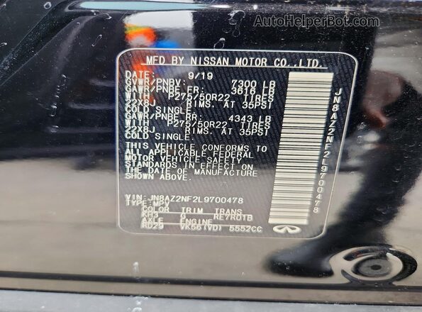 JN8AZ2NF2L9700478 2020 INFINITI QX80 Черный Вид наклейки с VIN-кодом