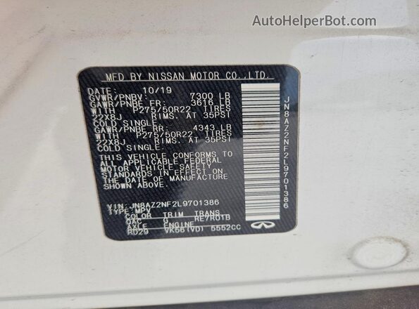 JN8AZ2NF2L9701386 2020 INFINITI QX80 Белый Вид наклейки с VIN-кодом