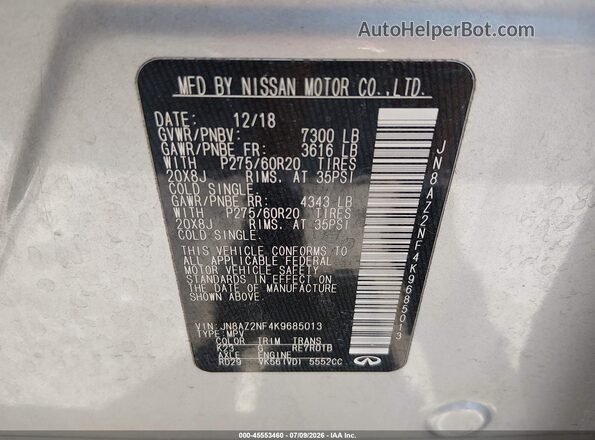 JN8AZ2NF4K9685013 2019 INFINITI QX80 Silver Widok komory silnika