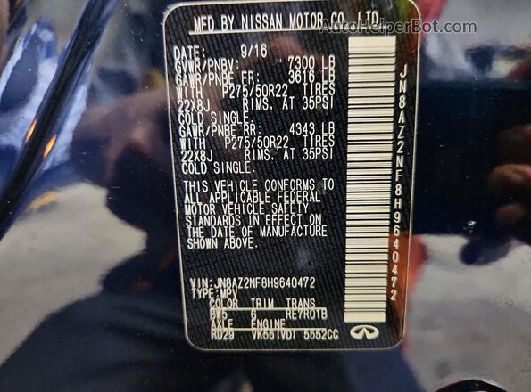 JN8AZ2NF8H9640472 2017 INFINITI QX80 Blue VIN կոդի պիտակի տեսք