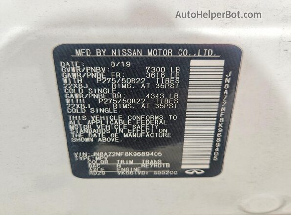 JN8AZ2NF8K9689405 2019 INFINITI QX80 White Vista de la etiqueta del VIN