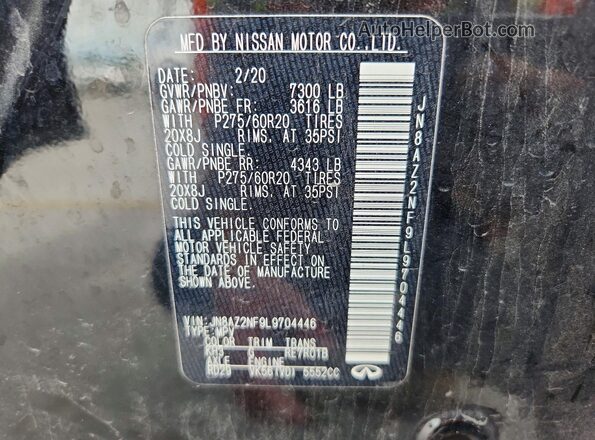 JN8AZ2NF9L9704446 2020 INFINITI QX80 Black Вид наклейки з VIN-кодом