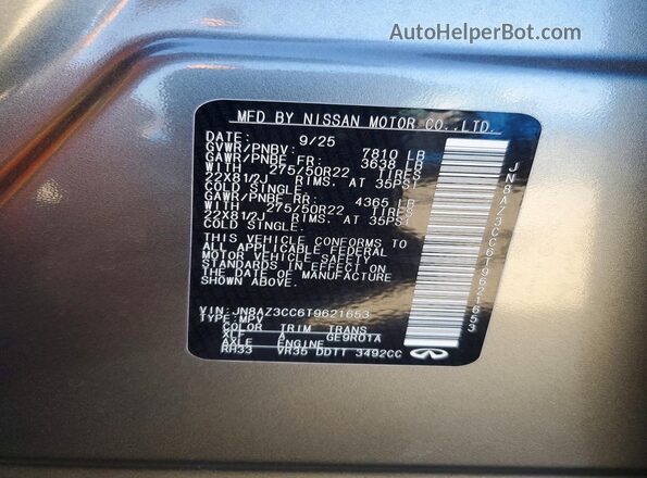 JN8AZ3CC6T9621653 2026 INFINITI QX80 Серый Вид наклейки с VIN-кодом
