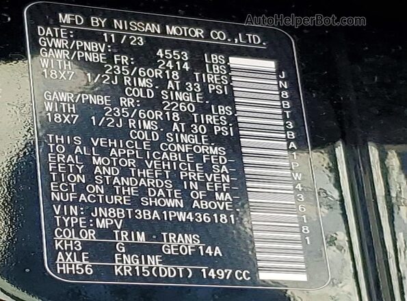 JN8BT3BA1PW436181 2023 NISSAN ROGUE Black VIN կոդի պիտակի տեսք