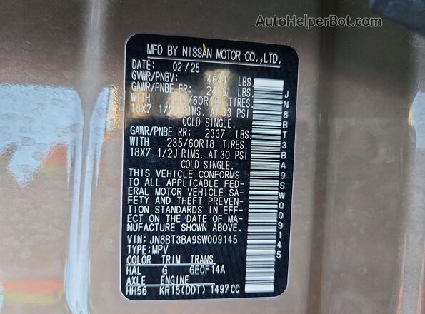 JN8BT3BA9SW009145 2025 NISSAN ROGUE Tan VIN կոդի պիտակի տեսք