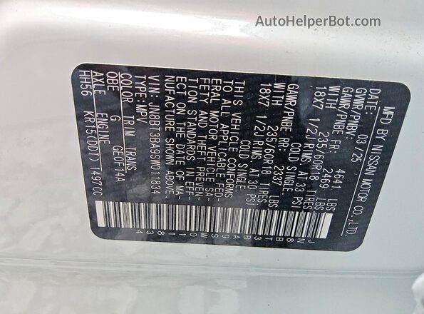 JN8BT3BA9SW011834 2025 NISSAN ROGUE White Vista de la etiqueta del VIN