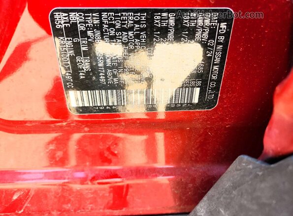 JN8BT3BB5RW174497 2024 NISSAN ROGUE Red VIN კოდის სტიკერის ხედი