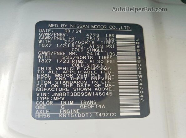 JN8BT3BB9SW146045 2025 NISSAN ROGUE White Vista de la etiqueta del VIN
