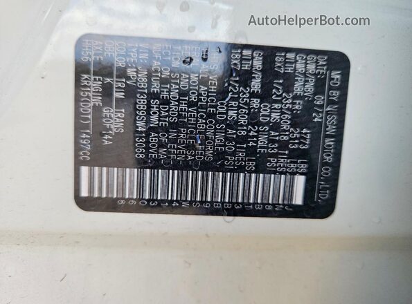 JN8BT3BB9SW413068 2025 NISSAN ROGUE White Vista de la etiqueta del VIN