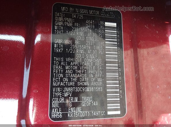 JN8BT3DC9SW381583 2025 NISSAN ROGUE Red Вид підкапотного простору