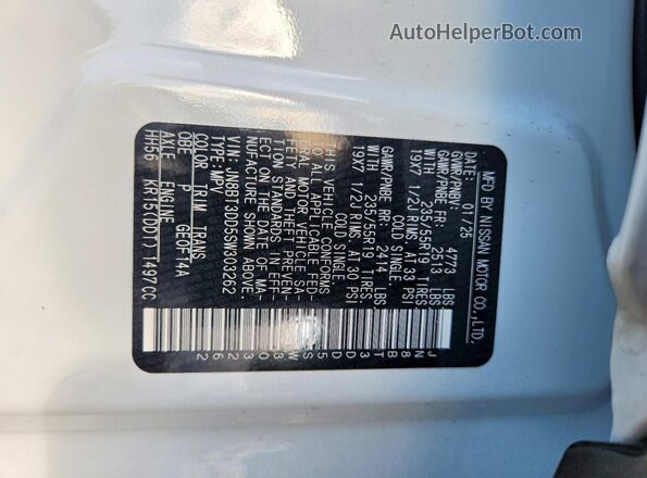 JN8BT3DD5SW303262 2025 NISSAN ROGUE White Панорамний вид салону 360°