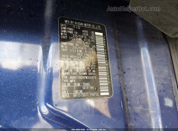 JN8BT3DDXPW308979 2023 NISSAN ROGUE Blue Widok naklejki z numerem VIN