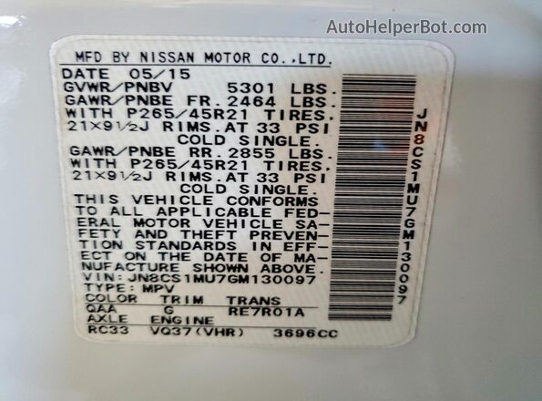 JN8CS1MU7GM130097 2016 INFINITI QX70 White Вид підкапотного простору