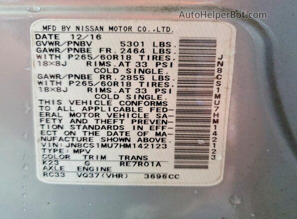JN8CS1MU7HM142123 2017 INFINITI QX70 Silver VIN sticker view
