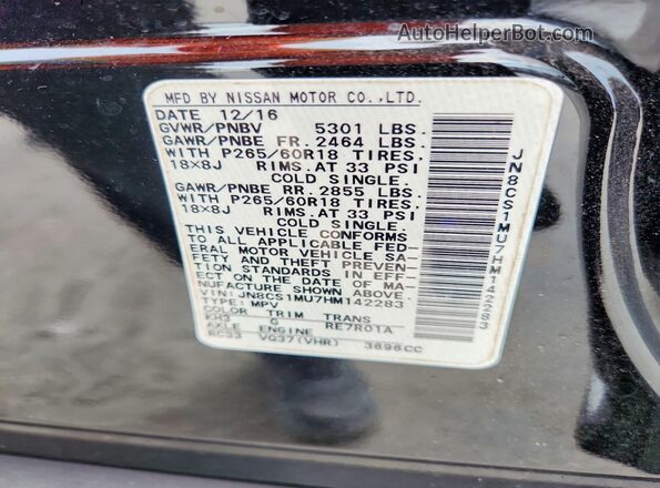 JN8CS1MU7HM142283 2017 INFINITI QX70 Black VIN sticker view