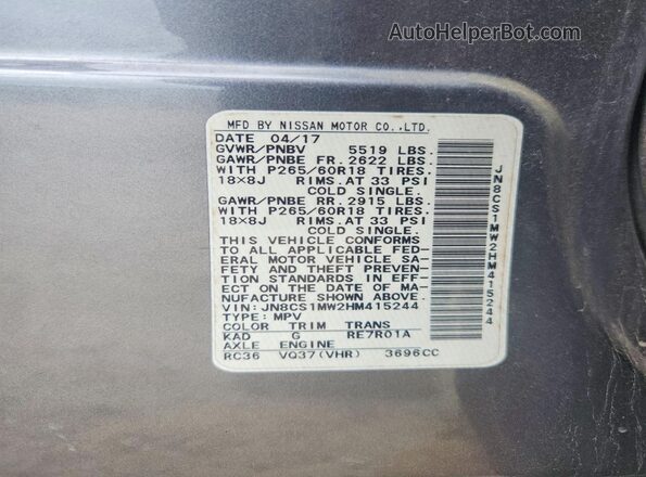JN8CS1MW2HM415244 2017 INFINITI QX70 Gray Շարժիչի բաժամունքի տեսք