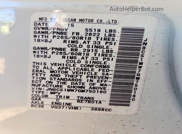 JN8CS1MW7GM750160 2016 INFINITI QX70 White VIN կոդի պիտակի տեսք