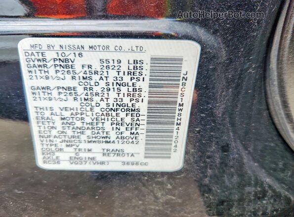JN8CS1MW8HM412042 2017 INFINITI QX70 Black VIN კოდის სტიკერის ხედი