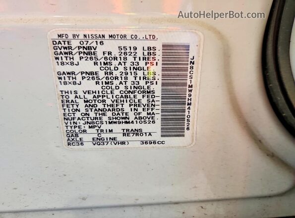 JN8CS1MW9HM410526 2017 INFINITI QX70 White VIN կոդի պիտակի տեսք