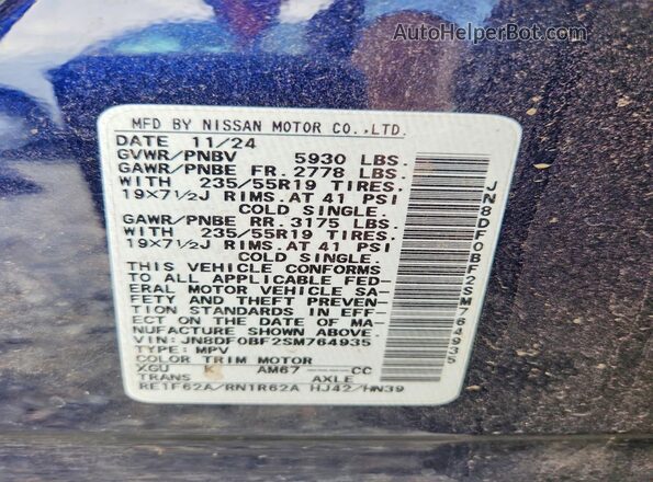 JN8DF0BF2SM764935 2025 NISSAN ARIYA Blue Вид наклейки з VIN-кодом