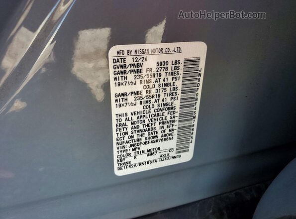 JN8DF0BF4SM766654 2025 NISSAN ARIYA Gray VIN sticker view
