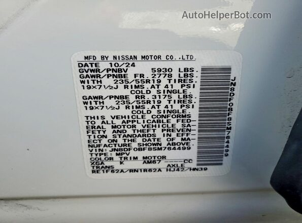 JN8DF0BF8SM764499 2025 NISSAN ARIYA White VIN sticker view